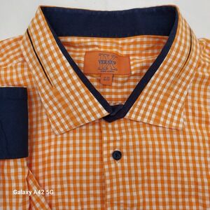 Verse 9 Mens Orange Gingham Checkered Long Sleeve Button Up Shirt 19-20 36/37